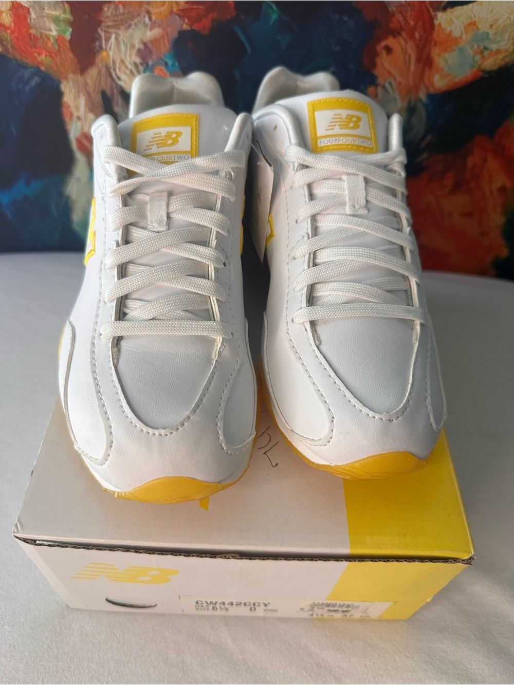 #19 New Balance Kids White and Yellow Classic Sneakers